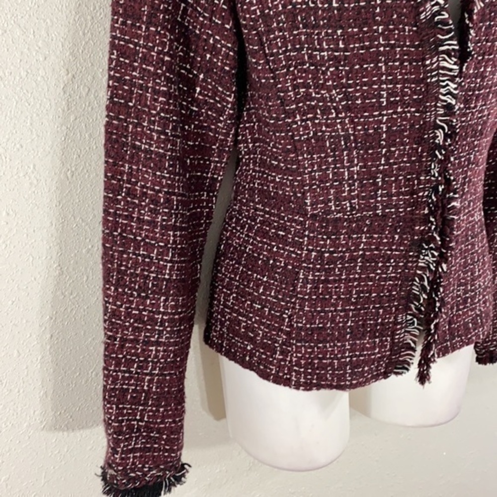 WHBM burgundy white black tweed peplum fringe jacket - Picture 8 of 15